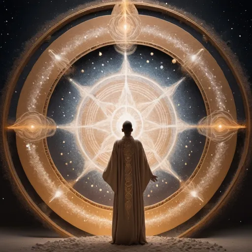 Prompt: A magical unfolds in space. A figure in flowing ceremonial robes stands at the center of an intricately drawn salt circle, their hands gracefully scattering salt into space. The salt sparkles as it flys away,  which flicker gently, casting a golden glow. The setting is space, with symbols of protection hovoring in space, adding a sense of deep reverence and spiritual serenity to the scene. veiw from above