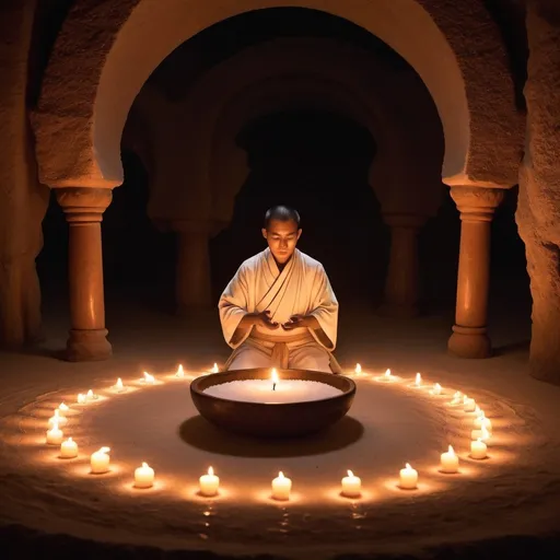 Prompt: Depict a mystical salt ritual taking place in a serene, dimly lit environment. The central figure is a person dressed in traditional ceremonial robes, standing in a circle of salt drawn on the ground. The person is holding a bowl of salt in one hand and is sprinkling it in the air with the other, creating a shimmering effect as the salt catches the light. Around the circle, small candles are placed, their flames flickering gently, adding a warm glow to the scene. The background should be a sacred or spiritual setting, such as a temple or natural cave, with symbols of protection and purification etched on the walls. A sense of calm and reverence should permeate the scene, highlighting the solemnity and spiritual significance of the ritual.