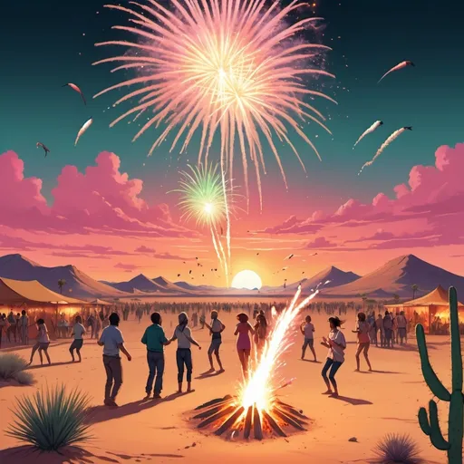 Prompt: Create an image of a festival in the desert with a pink and orange sunset with exploding, fireworks in the sky that are blue green and golden, people are jolly and dance around a fire, in the background there are dunes and cactuses, birds are flying in the sky, the style is anime, the format is landscape 