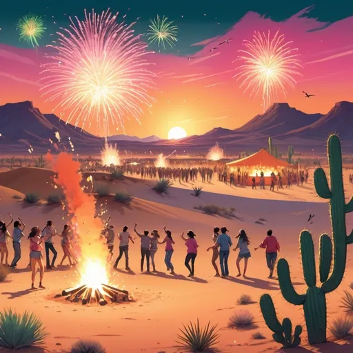 Prompt: Create an image of a festival in the desert with a pink and orange sunset with exploding, fireworks in the sky that are blue green and golden, people are jolly and dance around a fire, in the background there are dunes and cactuses, birds are flying in the sky, the style is anime, the format is landscape 