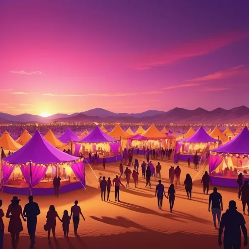 Prompt: Create an image of a  Festival in the Desert with pink in the sky befour the sun sets