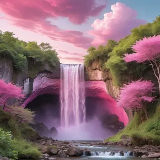 Prompt: Create an image of a peaceful bright purple waterfall with green vegetation. The light is an evening sunset. The perspective is looking from a cave towards the waterfall. There are pink trees on the side of the waterfall and  green trees above the waterfall. There are bright pink clouds slightly covering the bright blue sky, and birds are flying in the pink clouds. The style is photorealistic. The format is landscape.