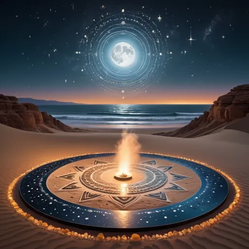 Prompt: A mystical scene of a grand salt ritual taking place in a unique setting where the desert meets the ocean, under a vast, starry night sky. The ritual is centered around a large, intricate salt circle that combines patterns inspired by the cosmos, the ocean, and the desert. The circle glows with the soft light of the stars above, the moon reflecting off the ocean waves, and the warm hues of the desert sands. A mystical figure stands at the center, drawing energy from all three elements—celestial, oceanic, and terrestrial. Ethereal sea creatures rise from the water, while desert spirits and ancient symbols appear in the shimmering air. The sky is filled with twinkling stars and three moons, with constellations mirrored in salt patterns, creating a harmonious blend of these three powerful natural elements. The atmosphere is charged with serenity, mystery, and raw elemental power. high quality