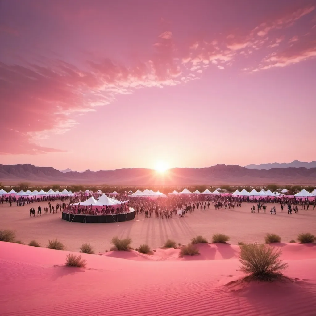 Prompt: Create an image of a  Festival in the Desert with pink in the sky befour the sun sets