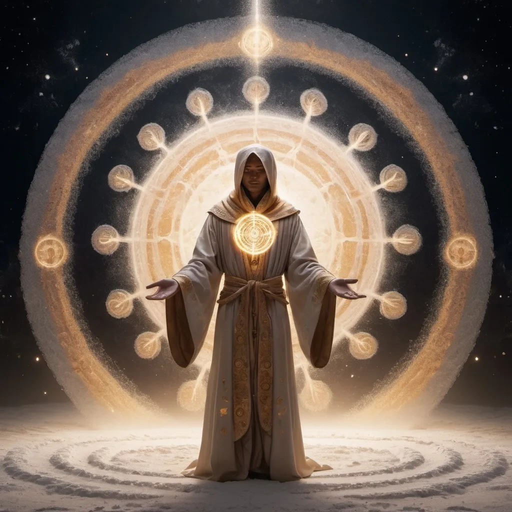 Prompt: A magical unfolds in space. A figure in flowing ceremonial robes stands at the center of an intricately drawn salt circle, their hands gracefully scattering salt into space. The salt sparkles as it flys away,  which flicker gently, casting a golden glow. The setting is space, with symbols of protection hovoring in space, adding a sense of deep reverence and spiritual serenity to the scene.