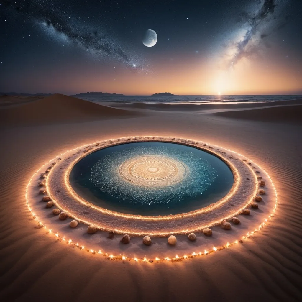 Prompt: A mystical scene of a grand salt ritual taking place in a unique setting where the desert meets the ocean, under a vast, starry night sky. The ritual is centered around a large, intricate salt circle that combines patterns inspired by the cosmos, the ocean, and the desert. The circle glows with the soft light of the stars above, the moon reflecting off the ocean waves, and the warm hues of the desert sands. A mystical figure stands at the center, drawing energy from all three elements—celestial, oceanic, and terrestrial. Ethereal sea creatures rise from the water, while desert spirits and ancient symbols appear in the shimmering air. The sky is filled with twinkling stars and three moons, with constellations mirrored in salt patterns, creating a harmonious blend of these three powerful natural elements. The atmosphere is charged with serenity, mystery, and raw elemental power. high quality