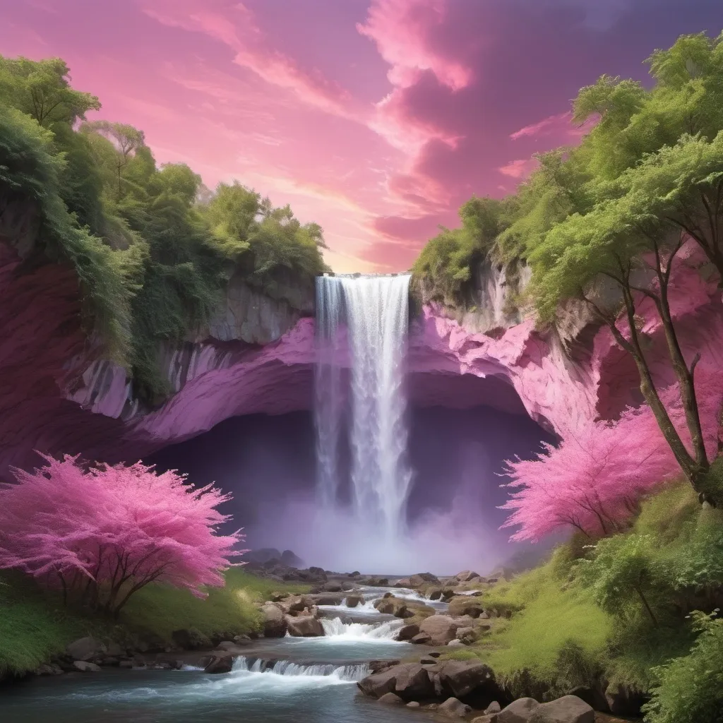 Prompt: Create an image of a peaceful bright purple waterfall with green vegetation. The light is an evening sunset. The perspective is looking from a cave towards the waterfall. There are pink trees on the side of the waterfall and  green trees above the waterfall. There are bright pink clouds slightly covering the bright blue sky, and birds are flying in the pink clouds. The style is photorealistic. The format is landscape.