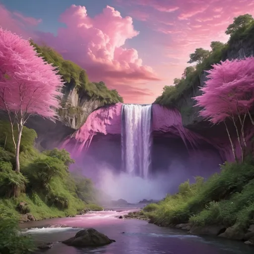 Prompt: Create an image of a peaceful bright purple waterfall with green vegetation. The light is an evening sunset. The perspective is looking from a cave towards the waterfall. There are pink trees on the side of the waterfall and  green trees above the waterfall. There are bright pink clouds slightly covering the bright blue sky, and birds are flying in the pink clouds. The style is photorealistic. The format is landscape.