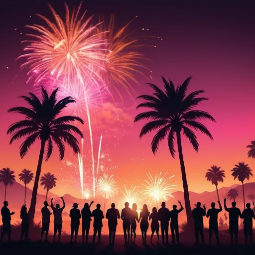 Prompt: Create an image of a  Festival in the Desert with pink and orange in the sky befour the sun sets and fireworks in the background