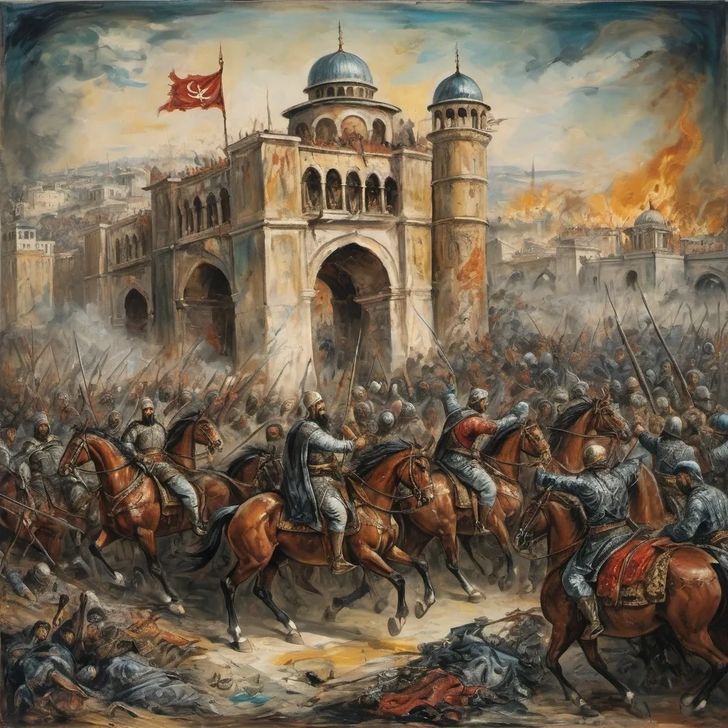 Prompt: painting of the conquest of the city of Constantinople by the Ottoman Turks, with an affandi painting style, very clear details, the sultan enters the gate on his war horse accompanied by his troops, and many victims fall after the war, with a stunning drama effect