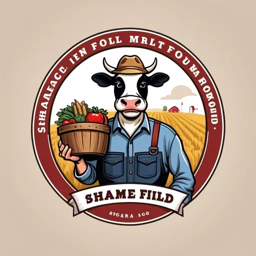 Prompt: create a classic themed logo with a round shape for a farm named "shame field" with a standing and winking cow mascot carrying farm produce, wearing a typical american farmer's uniform