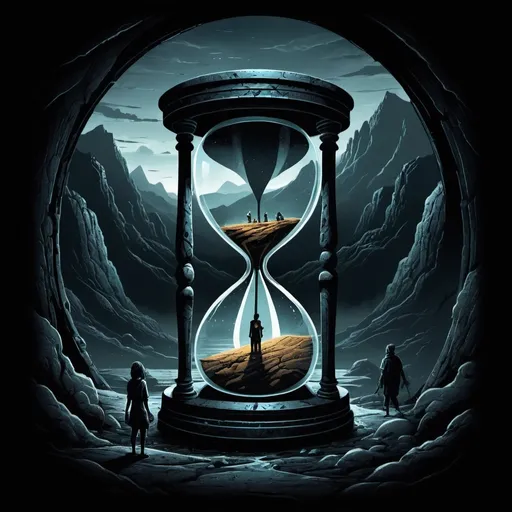 Prompt: (dark illustration), time of legacy theme, (hourglass objects), humanoid characters, (time tunnels), basic colors, intricate patterns, dramatic shadows, unique character designs, ethereal landscapes, dynamic compositions, gritty texture, engaging visual story, t-shirt design, (bold details), captivating atmosphere, suitable for apparel, 4K quality.