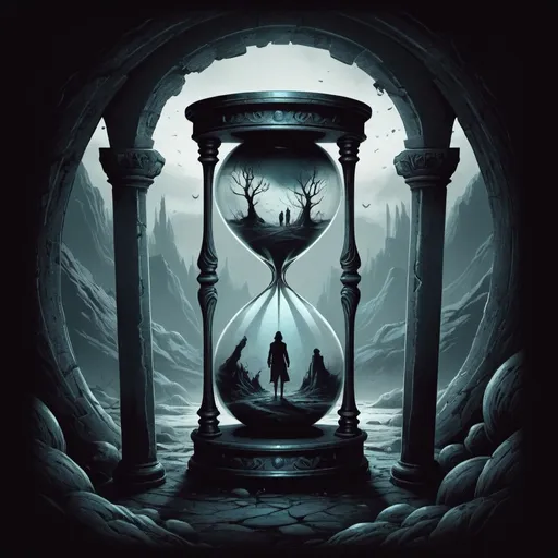 Prompt: (dark illustration), time of legacy theme, (hourglass objects), humanoid characters, (time tunnels), basic colors, intricate patterns, dramatic shadows, unique character designs, ethereal landscapes, dynamic compositions, gritty texture, engaging visual story, t-shirt design, (bold details), captivating atmosphere, suitable for apparel, 4K quality.