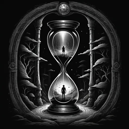 Prompt: (dark illustration style), time of legacy concept, hourglass objects, humanoid characters, time tunnels, intricate details, surreal atmosphere, foreboding vibe, contrasting shadows, immersive depth, dynamic compositions, black and white tones, modern t-shirt design, captivating imagery, high-quality illustration, suitable for wearable art, (illustration).