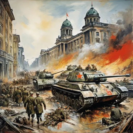 Prompt: painting of the conquest of the city of Berlin by the Soviet Red Army, in Affandi's painting style, very clear details, Nazi troops in disarray with damaged tanks, and many victims after the war, with a stunning drama effect