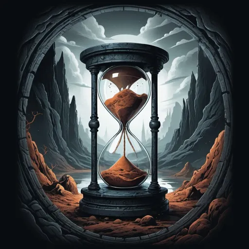 Prompt: (dark illustration), time of legacy theme, (hourglass objects), humanoid characters, (time tunnels), basic colors, intricate patterns, dramatic shadows, unique character designs, ethereal landscapes, dynamic compositions, gritty texture, engaging visual story, t-shirt design, (bold details), captivating atmosphere, suitable for apparel, 4K quality.