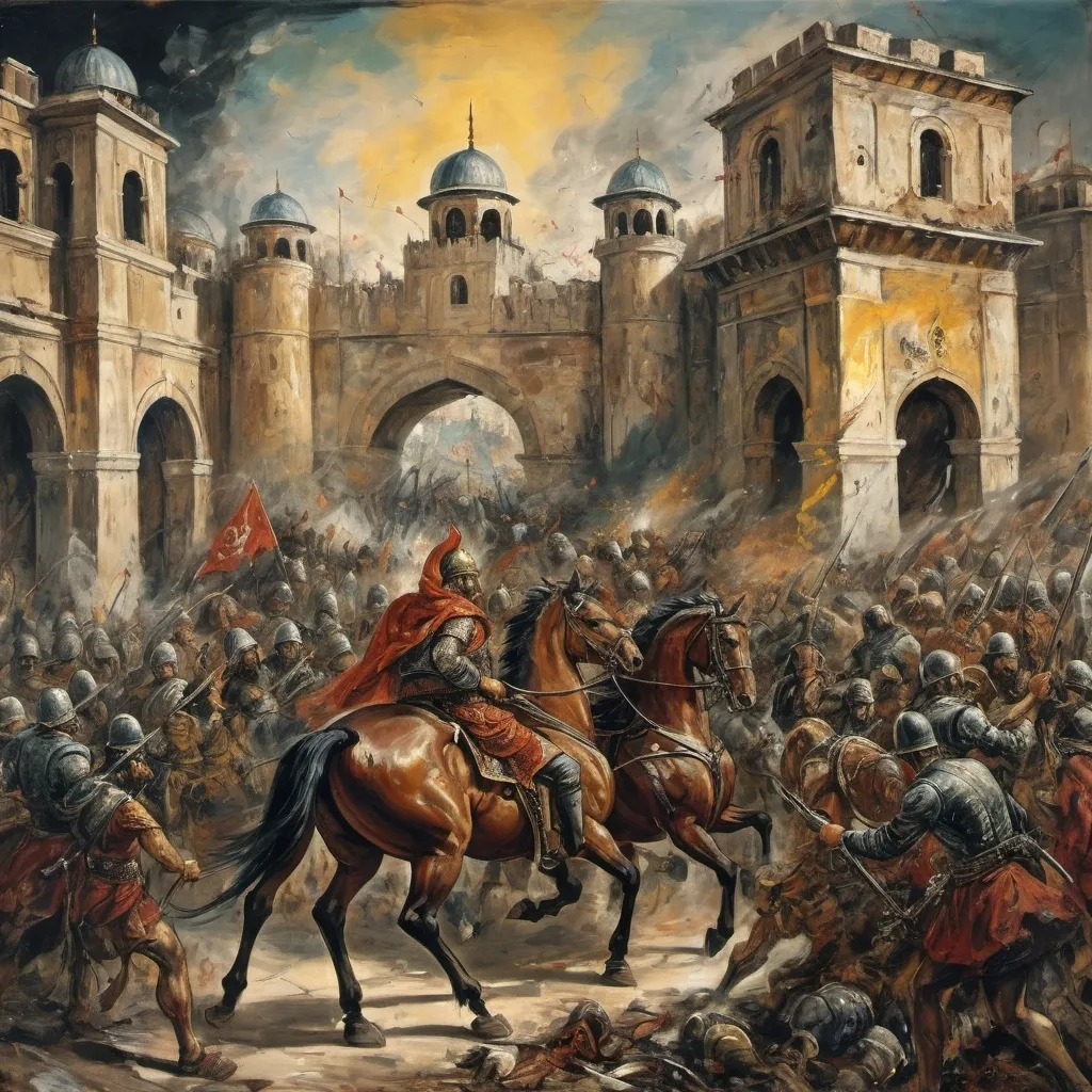 Prompt: painting of the conquest of the city of Constantinople by the Ottoman Turks, with an affandi painting style, very clear details, the sultan enters the gate on his war horse accompanied by his troops, and many victims fall after the war, with a stunning drama effect