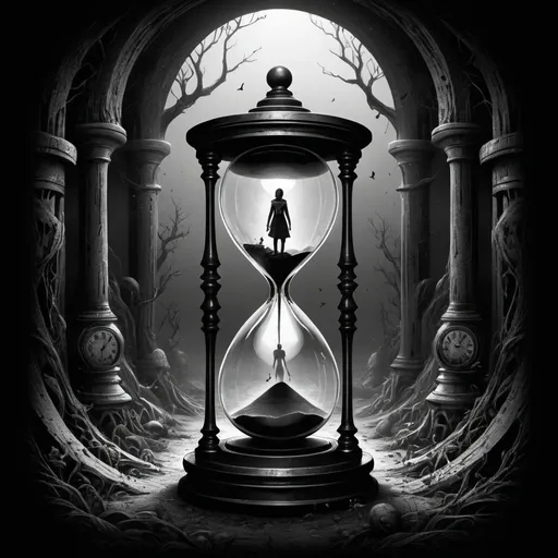 Prompt: (dark illustration style), time of legacy concept, hourglass objects, humanoid characters, time tunnels, intricate details, surreal atmosphere, foreboding vibe, contrasting shadows, immersive depth, dynamic compositions, black and white tones, modern t-shirt design, captivating imagery, high-quality illustration, suitable for wearable art, (illustration).