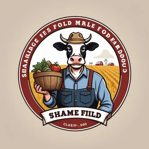 Prompt: create a classic themed logo with a round shape for a farm named "shame field" with a standing and winking cow mascot carrying farm produce, wearing a typical american farmer's uniform