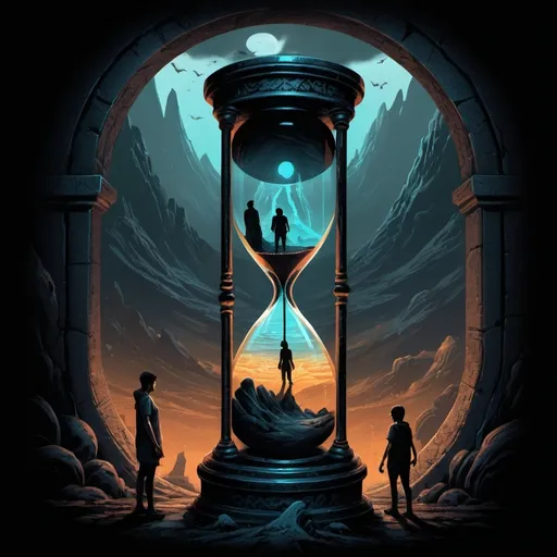 Prompt: (dark illustration), time of legacy theme, (hourglass objects), humanoid characters, (time tunnels), basic colors, intricate patterns, dramatic shadows, unique character designs, ethereal landscapes, dynamic compositions, gritty texture, engaging visual story, t-shirt design, (bold details), captivating atmosphere, suitable for apparel, 4K quality.