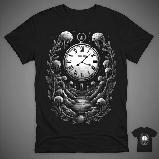 Prompt: create a design illustration to be used on a t-shirt with the theme "eleven time of legacy" with a dark illustration style