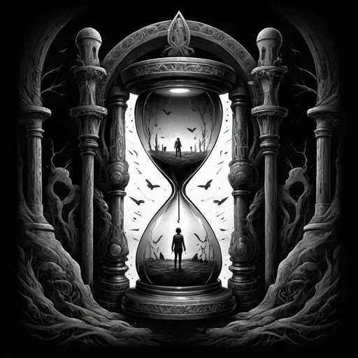 Prompt: (dark illustration style), time of legacy concept, hourglass objects, humanoid characters, time tunnels, intricate details, surreal atmosphere, foreboding vibe, contrasting shadows, immersive depth, dynamic compositions, black and white tones, modern t-shirt design, captivating imagery, high-quality illustration, suitable for wearable art, (illustration).