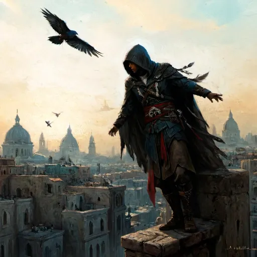 Prompt: Aguilar de Nehra standing on a ledge with a bird flying overhead in the background of a cityscape with a bird flying overhead, Craig Mullins, fantasy art, art greg rutkowski, concept art, assassin's creed