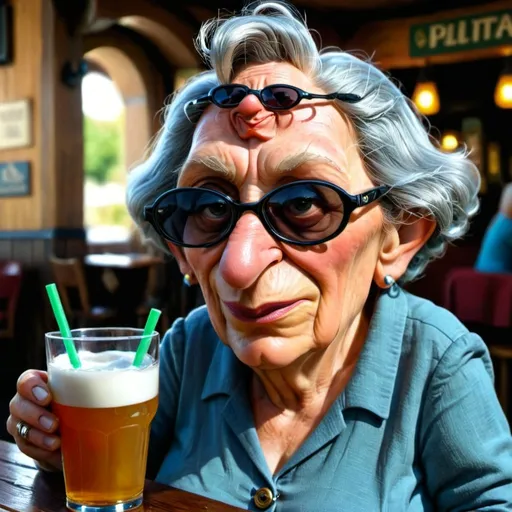 Prompt: cartoon caricature ,an old lady wearing sunglasses, having a drink at the pub