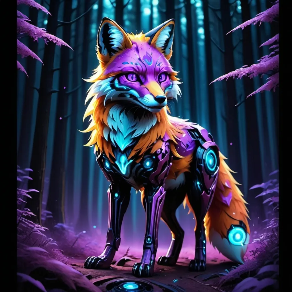 Prompt: A cybernetic fox with eyes that glow like blue lights, moves energetically through a forest filled with glowing violet trees. The fox's tail is made of metal, leaving holographic sparks in its wake. This captivating image, possibly a digital illustration, showcases the fusion of futuristic technology with natural beauty in a spellbinding way. The details in the scene are incredibly vivid, making the viewer feel as though they are witnessing this dynamic moment in person.