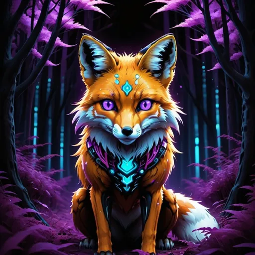 Prompt: A cybernetic fox with eyes that glow like blue lights, moves energetically through a forest filled with glowing violet trees. The fox's tail is made of metal, leaving holographic sparks in its wake. This captivating image, possibly a digital illustration, showcases the fusion of futuristic technology with natural beauty in a spellbinding way. The details in the scene are incredibly vivid, making the viewer feel as though they are witnessing this dynamic moment in person.
