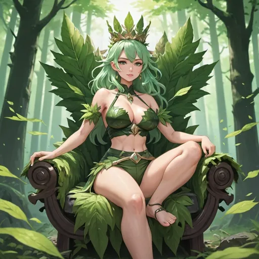 Prompt: Forest Queen, you woman, beautiful, clothes made from leaves, belly button, crop top, sitting on a throne style of Genshin impact 