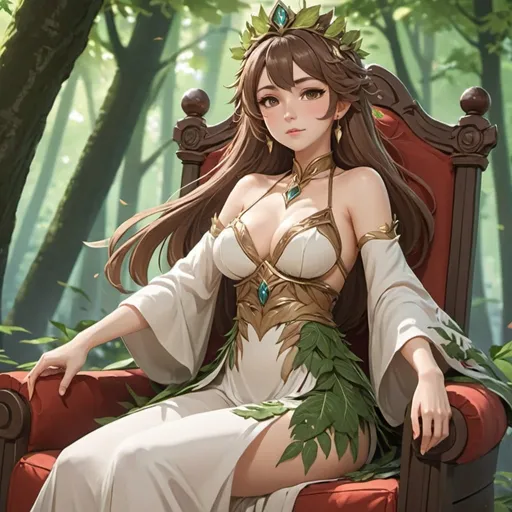 Prompt: Forest Queen, you woman, beautiful, clothes made from leaves, belly button, brown hair, long flowing dress, sitting on a throne style of Genshin impact 