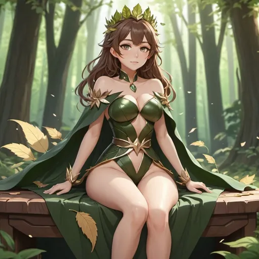 Prompt: Forest Queen, you woman, beautiful, clothes made from leaves, belly button, brown hair, small chest, cute, feet, long flowing cape, sitting on a throne, style of Genshin impact 