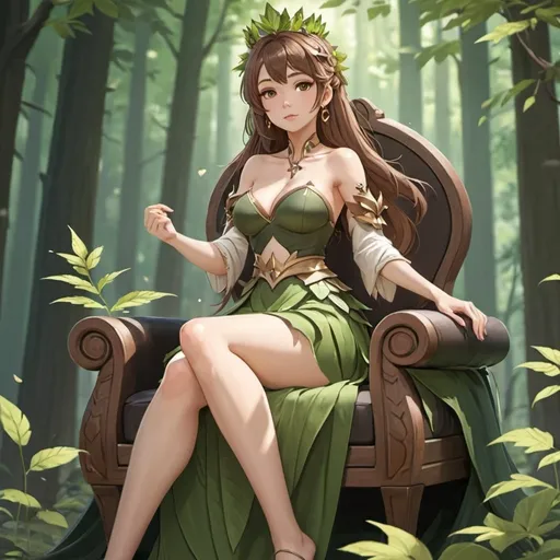 Prompt: Forest Queen, you woman, beautiful, clothes made from leaves, belly button, brown hair, small chest, cute, feet, long flowing skirt, sitting on a throne, style of Genshin impact 