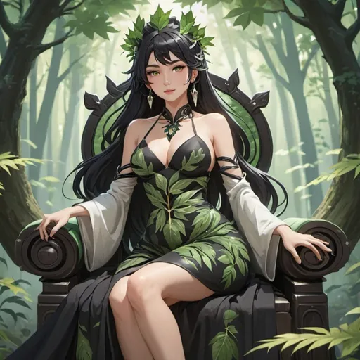 Prompt: Forest Queen, you woman, beautiful, clothes made from leaves, belly button, black hair, long flowing dress, sitting on a throne style of Genshin impact 