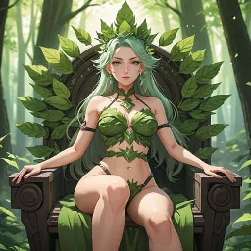 Prompt: Forest Queen, you woman, beautiful, clothes made from leaves, belly button, crop top, sitting on a throne style of Genshin impact 