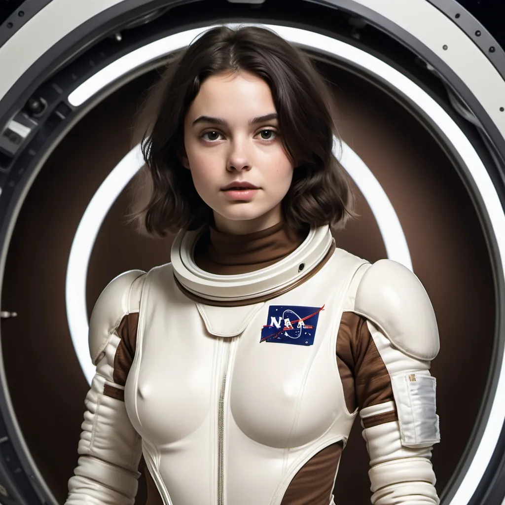 Prompt: A young woman, off-white revealing space 
Suit, dark brown hair, curvaceous, light bare skin