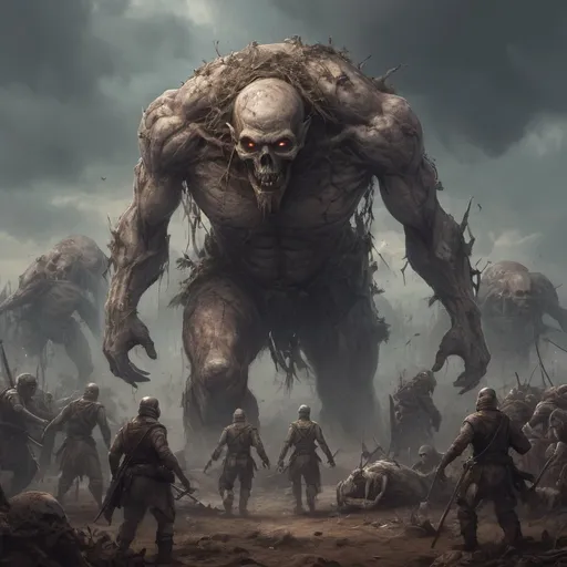 Prompt: A mindless giant,  walking aimlessly over corpses, war, giant
