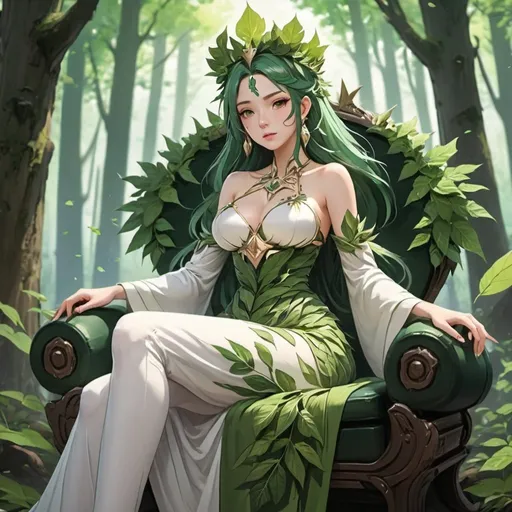 Prompt: Forest Queen, you woman, beautiful, clothes made from leaves, belly button, long flowing dress, sitting on a throne style of Genshin impact 