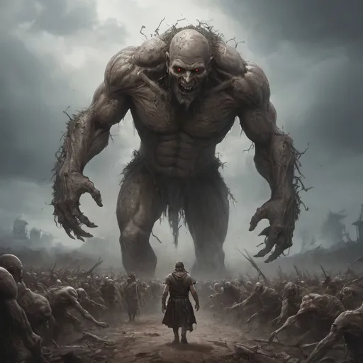 Prompt: A mindless giant,  walking aimlessly over corpses, war, giant