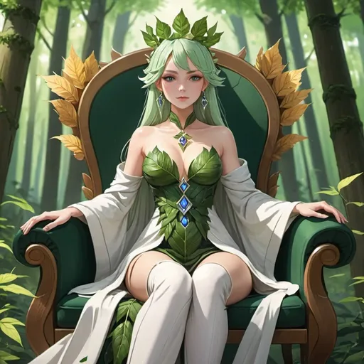 Prompt: Forest Queen, you woman, beautiful, clothes made from leaves, belly button, long flowing dress, sitting on a throne style of Genshin impact 