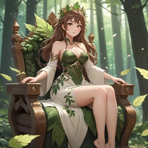 Prompt: Forest Queen, you woman, beautiful, clothes made from leaves, belly button, brown hair, small chest, cute, feet, long flowing dress, sitting on a throne, style of Genshin impact 