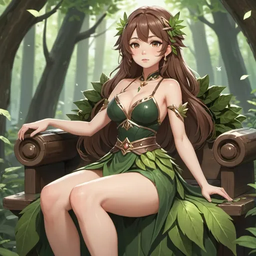 Prompt: Forest Queen, you woman, beautiful, clothes made from leaves, belly button, brown hair, small chest, cute, feet, long flowing skirt, sitting on a throne, style of Genshin impact 