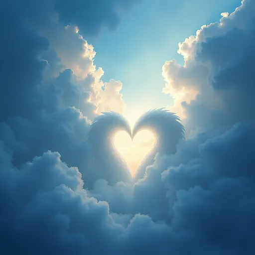 Prompt: Album cover for “How Angels Paint the Heart”, ethereal atmosphere, deep blues and soft whites, dreamy clouds blending into each other, introspective symbolism of grief, gentle light illuminating a heart shape in the clouds, delicate strokes resembling angel wings, subtle texture for depth, peaceful yet emotive mood, high definition, captivating design that resonates with the theme of profound loss and healing.