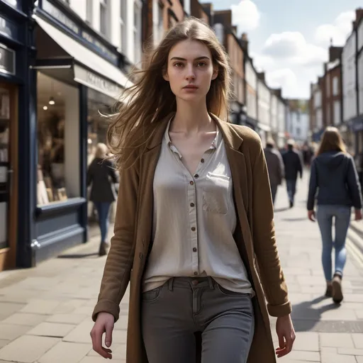 Prompt: Tall young woman walking down the high street, detailed clothing, realistic, natural lighting