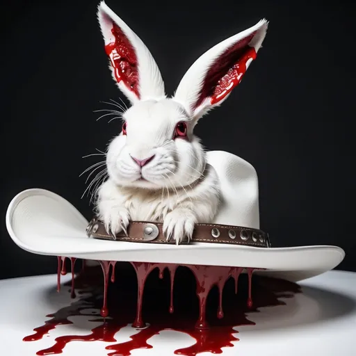 Prompt: white rabbit coming out of a white cowboy hat lined with fur with blood dripping off hat brim
