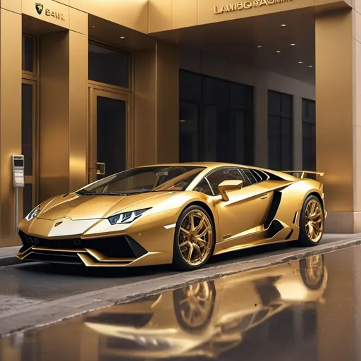 Prompt: a gold colored Lamborghini, parked on the street, outside, in front of a bank, doors open, aestheticism, luxury, a digital rendering