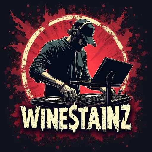 Prompt: a grafitti style dj logo that say "WineStainz"

