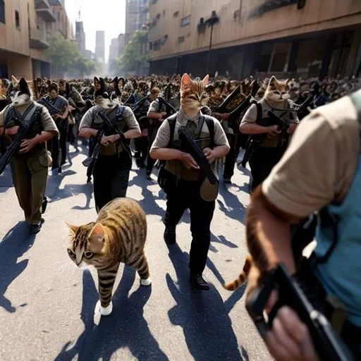 Prompt: Cats with guns marching into city as people flee