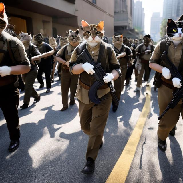 Prompt: Cats with guns marching into city as people flee